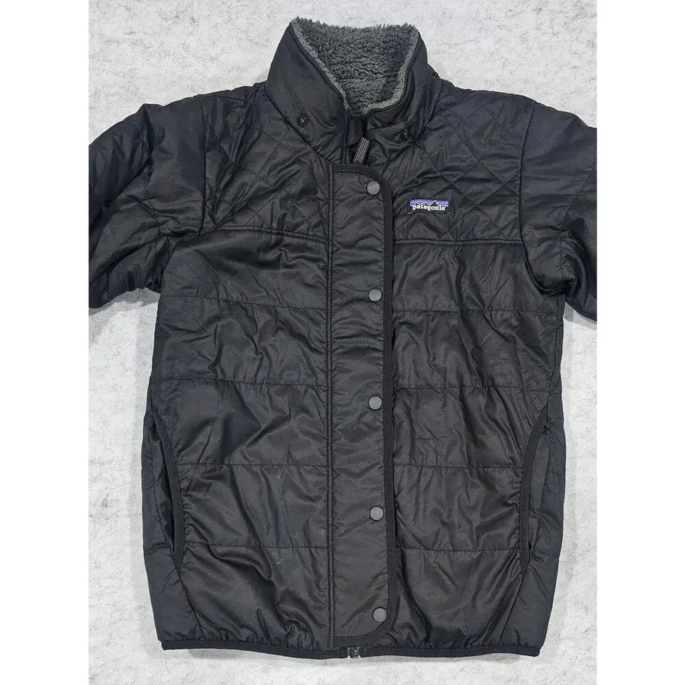Patagonia Kids Puffer Jacket, Reversable, Dream Song, Black/Gray, Size Kids L